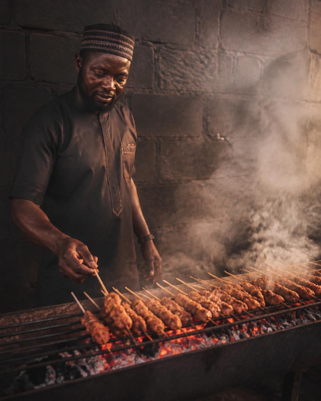 Big Fish Cuisine chef grilling suya skewers over charcoal