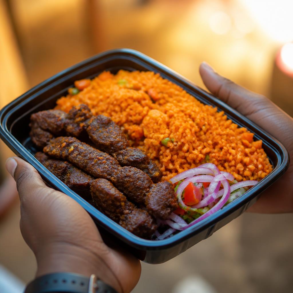 A Big Fish Cuisine suya and jollof plate
